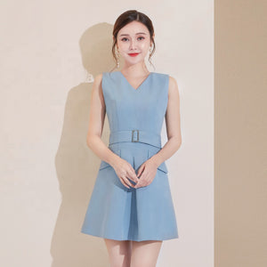Blue V-neck Sleeveless Belt Casual Mini Dress - FashionByTeresa