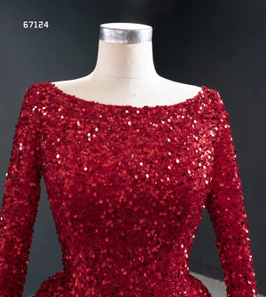 Red Long Sleeve Scoopneck Sparkling Evening Ball Gown - FashionByTeresa