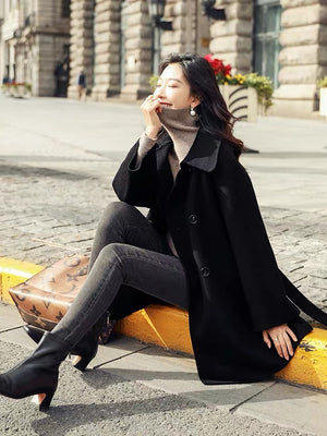 Black Wide Flare Sleeve Doublebreasted Wool Coat - FashionByTeresa