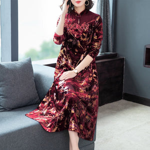 Red Cheongsam Keyhole Velvet Dress Floral Jacquard Vintage Midi Elegant Dress - FashionByTeresa