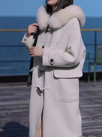 Loose Size Cashmere Coat Winter Hooded Long Wool Faux Fur Collar - FashionByTeresa