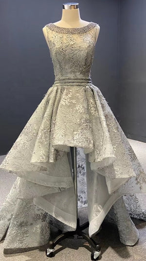 Asymmetrical Gray Elegant High /Low Evening Ball Gown - FashionByTeresa