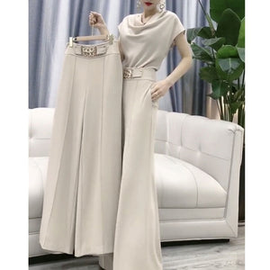 Wide Leg Flare Two Piece Pants and Blouse Set - FashionByTeresa