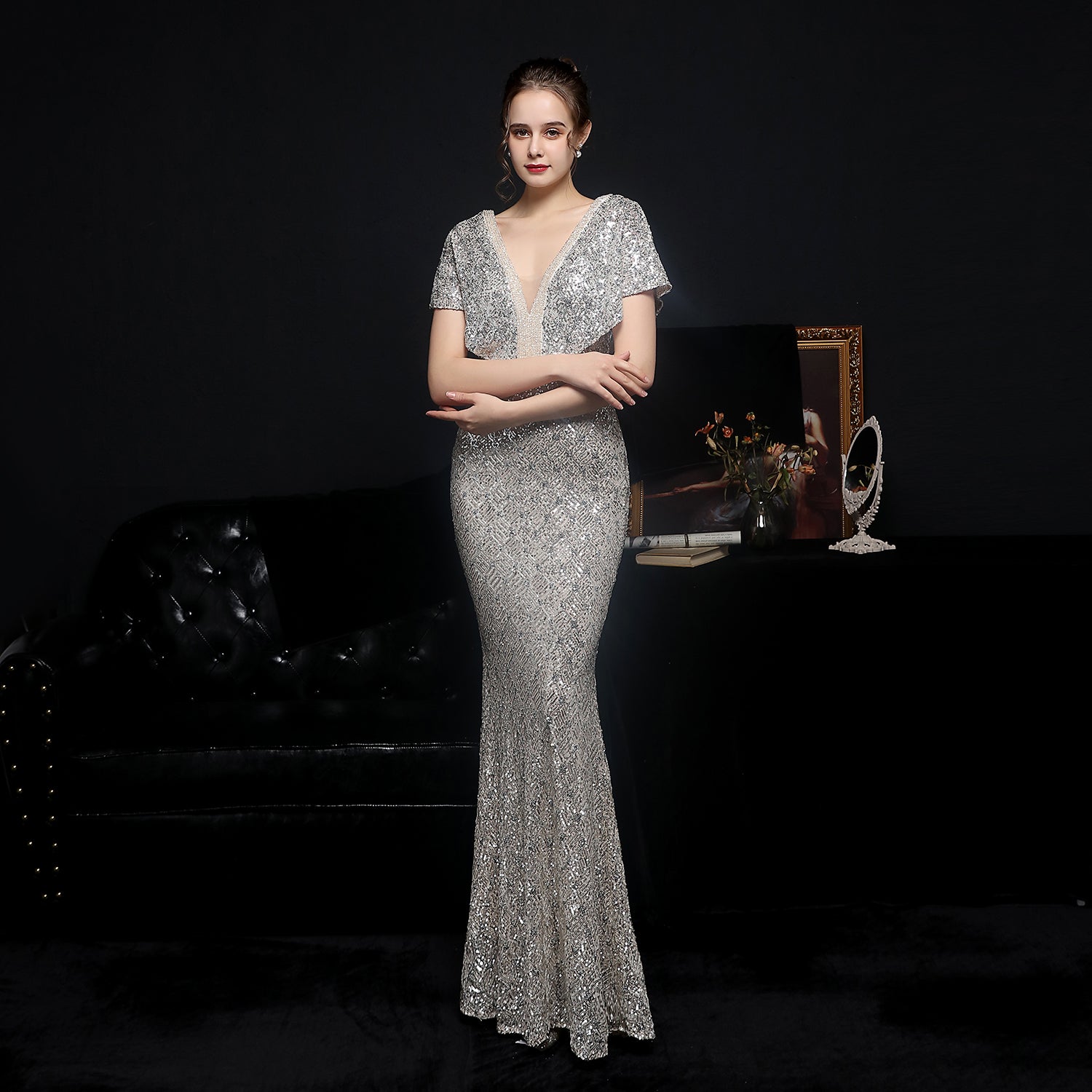 Beaded Collar Trumpet Formal Evening Dress | FashionByTeresa ApricotSilver / M Beaded Collar Trumpet Formal Evening Dress | FashionByTeresa ApricotSilver / M