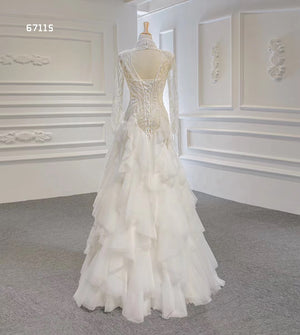 Ivory A Line Long Sleeve Luxury Beaded Wedding - FashionByTeresa