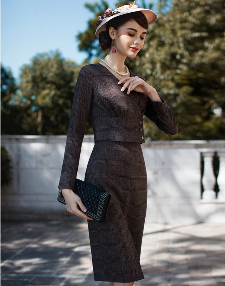 Two Piece Coffee Brown V-Neck Skirt Suits - FashionByTeresa