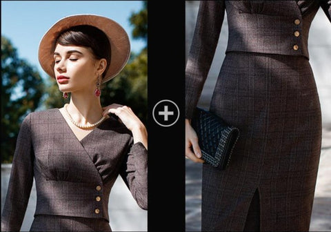 Two Piece Coffee Brown V-Neck Skirt Suits - FashionByTeresa