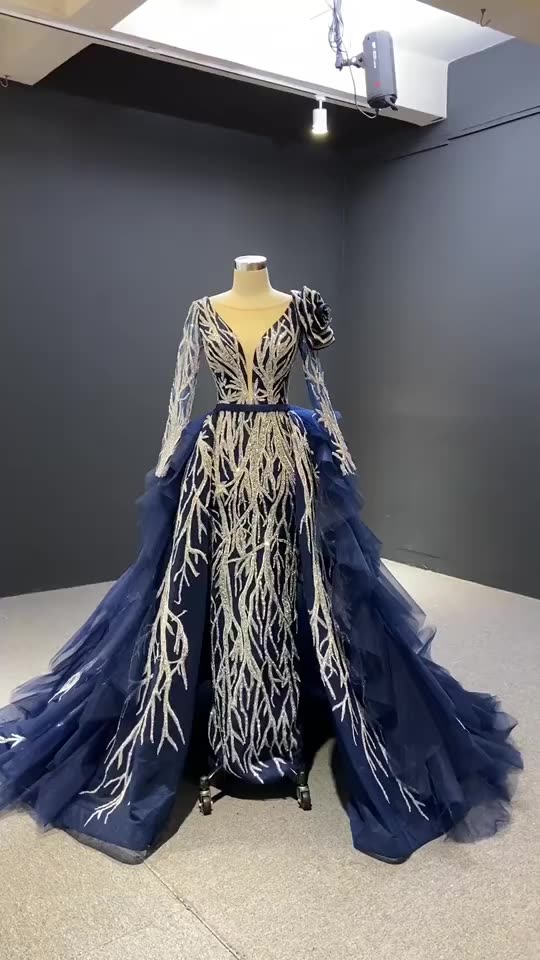 Royal Navy Blue Long Sleeves Detachable Train Luxury Sequin Evening Ball Gown - FashionByTeresa