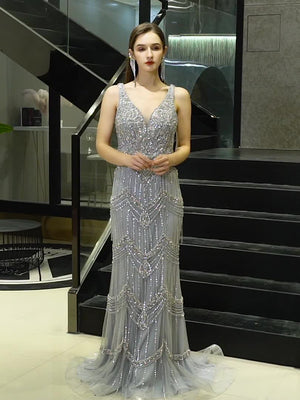 Luxury Sexy Strapless Dark Blue A Line Beaded Lace Wedding Dress - FashionByTeresa