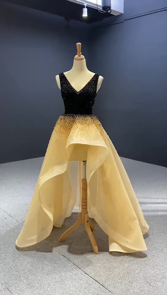 Beaded Asymmetrical Evening Ball Gown | FashionByTeresa Black and champagne / L Beaded Asymmetrical Evening Ball Gown | FashionByTeresa Black and champagne / L