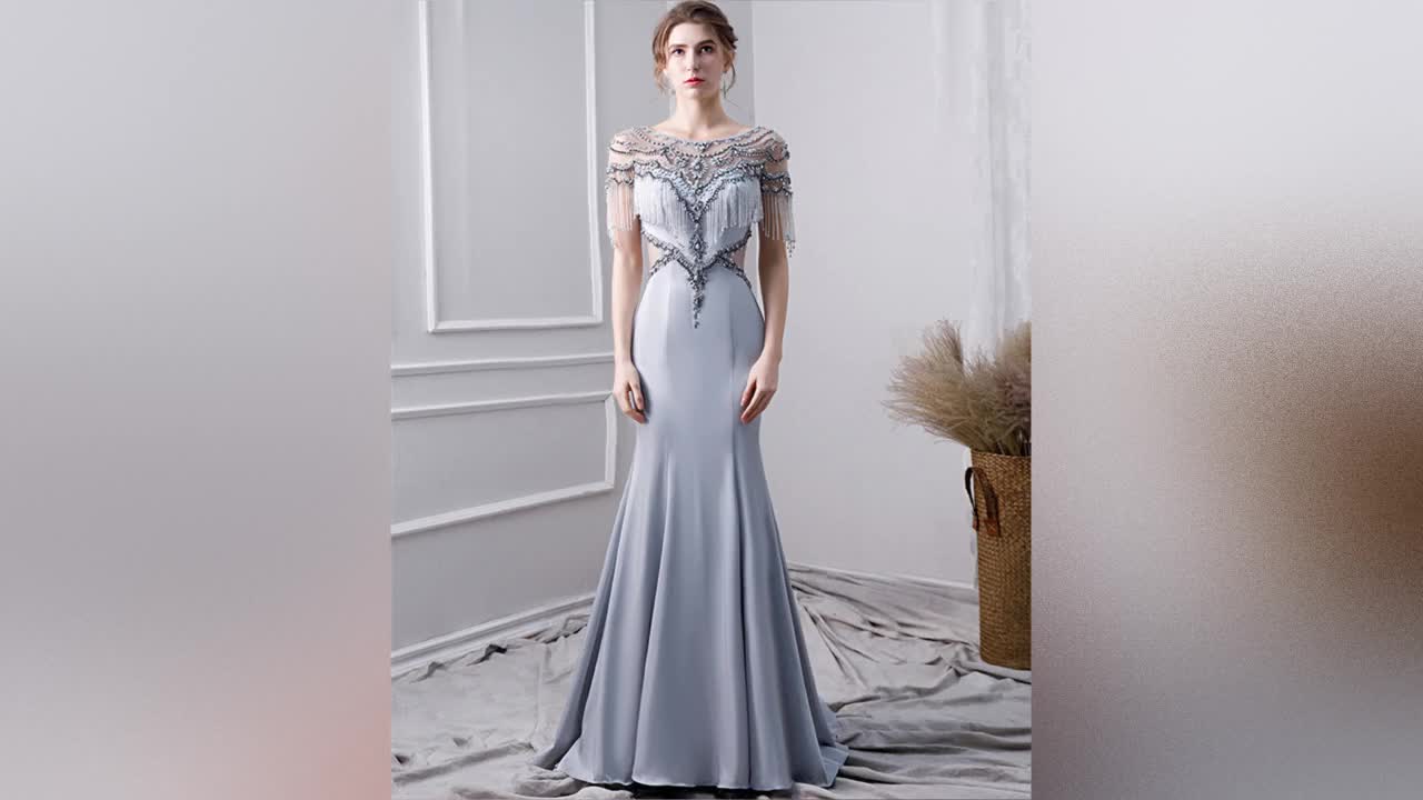 Gray Satin Beaded Sequined Evening Gown | FashionByTeresa Gray Satin Beaded Sequined Evening Gown | FashionByTeresa