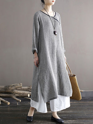 Retro Plaid Dress Cotton Long Sleeve Loose Maxi Dress - FashionByTeresa