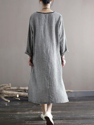 Retro Plaid Dress Cotton Long Sleeve Loose Maxi Dress - FashionByTeresa