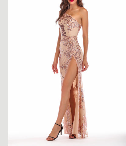 Sexy One Shoulder Sequin Thigh High Slit prom dress - FashionByTeresa