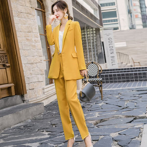 Yellow V-Neck Single Breasted Pant Suit - FashionByTeresa