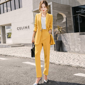 Yellow V-Neck Single Breasted Pant Suit - FashionByTeresa
