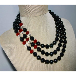 FBT - Multi-Strand Black Onyx Agate With Red and White Crystal Elegant Beaded Necklace - FashionByTeresa