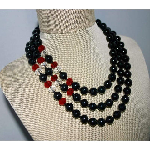 FBT - Multi-Strand Black Onyx Agate With Red and White Crystal Elegant Beaded Necklace - FashionByTeresa