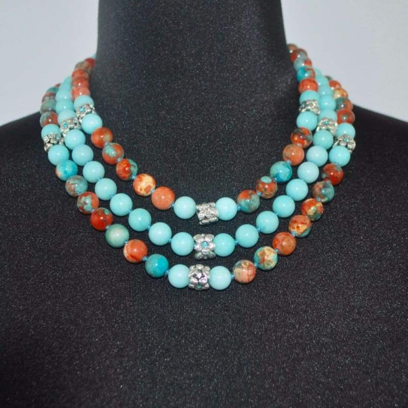 FBT - Three Strands Amazonite Gemstone Beaded Necklace - FashionByTeresa