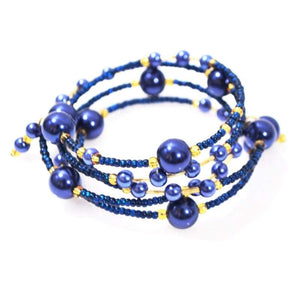 FBT - Elegant Blue Glass Pearls / Sapphire And Gold Ascent Wrap Around Bracelets - FashionByTeresa
