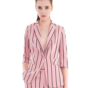 FBT - Pink Striped Three Quarter Sleeve V-Neck Pants Suits - FashionByTeresa