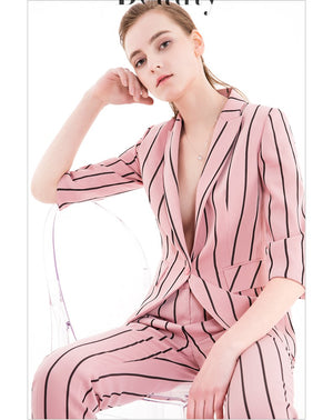 FBT - Pink Striped Three Quarter Sleeve V-Neck Pants Suits - FashionByTeresa
