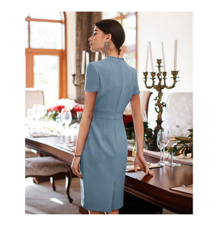 Blue Elegant Ruffle Professional Work Dress - FashionByTeresa