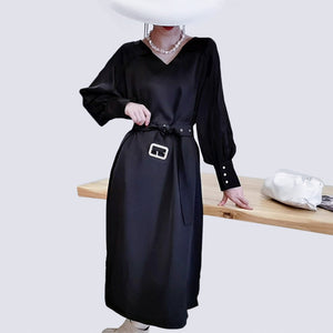 Minimalist Loose Belted V- neck Satin Long Sleeve Midi Dress - FashionByTeresa