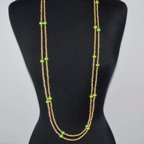 FBT - Gold And Green Glass Pearls Ascent Rope Necklace - FashionByTeresa