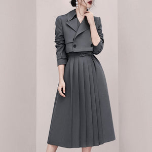 Gray Two Piece Pleated Skirt Suits - FashionByTeresa