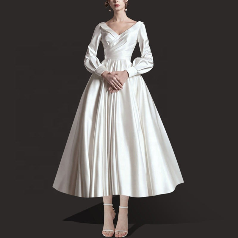 Off Shoulder V-Neck Longsleeves White Satin Dress, 2XL / White Off Shoulder V-Neck Longsleeves White Satin Dress, 2XL / White