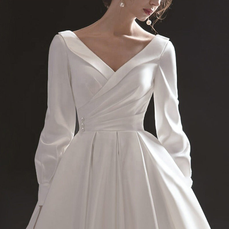 Off Shoulder V-Neck Longsleeves White Satin Dress, 2XL / White Off Shoulder V-Neck Longsleeves White Satin Dress, 2XL / White
