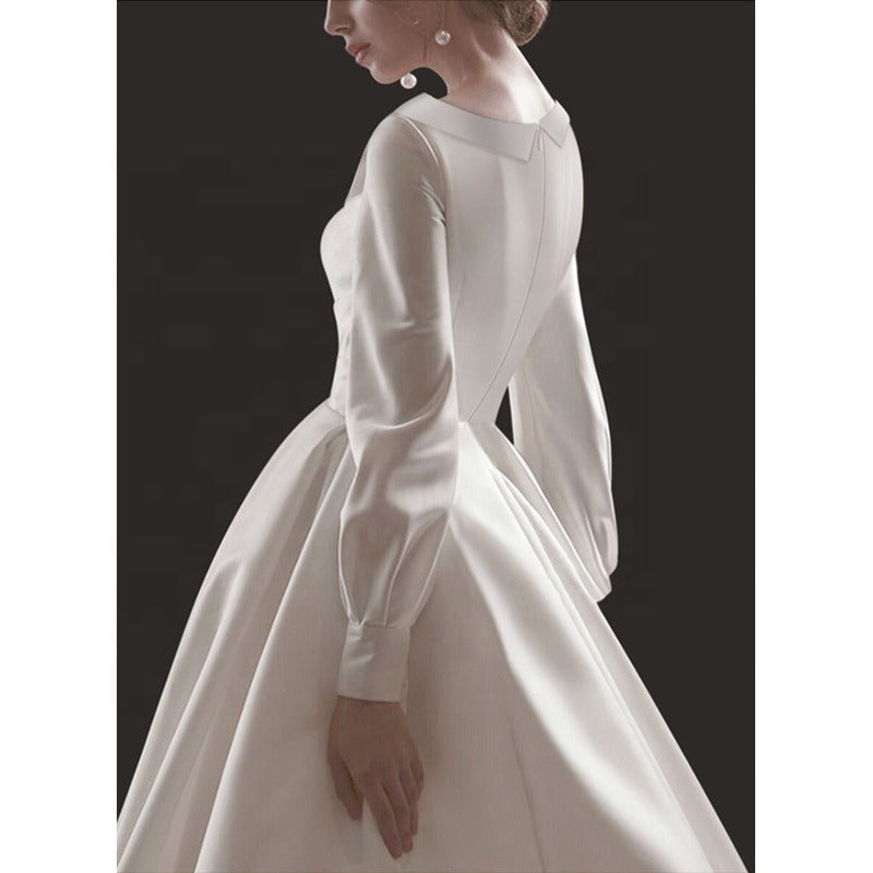 Off Shoulder V-neck Longsleeves White Satin Dress FashionByTeresa Off Shoulder V-neck Longsleeves White Satin Dress FashionByTeresa
