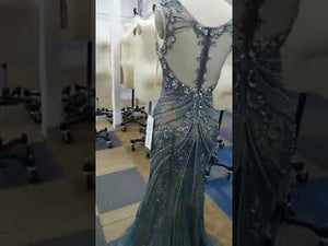 Elegant Vintage Heavy Rhinestone Beaded Tulle Mermaid Evening Dress