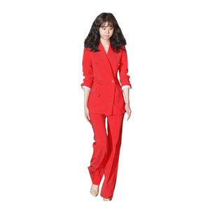 Red Double Breasted Loose Fit Women's Pantsuit - FashionByTeresa