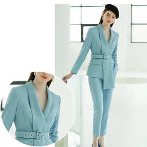 Blue Two Piece Business Ladies Pants Suits Set - FashionByTeresa