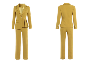 Elegant Mustard Yellow With Belt Irregular Jacket + Straight Pants Suit - FashionByTeresa