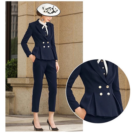 Navy Blue Business Women Blazer Pants Suits - FashionByTeresa