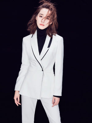 White with Black Tuxedo Double Breasted Pantsuit - FashionByTeresa
