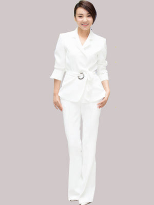 White Belted Double Breasted Pants Suits - FashionByTeresa