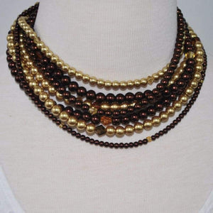 Multi Strand Brown/ Gold Two Toned Glass Pearls Necklace - FashionByTeresa