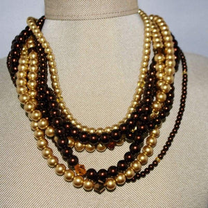 Multi Strand Brown/ Gold Two Toned Glass Pearls Necklace - FashionByTeresa
