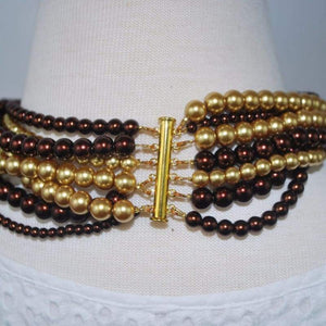 Multi Strand Brown/ Gold Two Toned Glass Pearls Necklace - FashionByTeresa