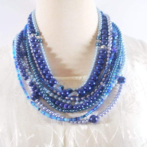 Multi Strand Shades of Blue Glass Pearls Necklace - FashionByTeresa