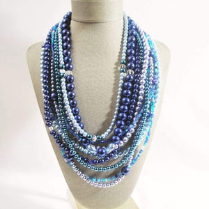 Multi Strand Shades of Blue Glass Pearls Necklace - FashionByTeresa