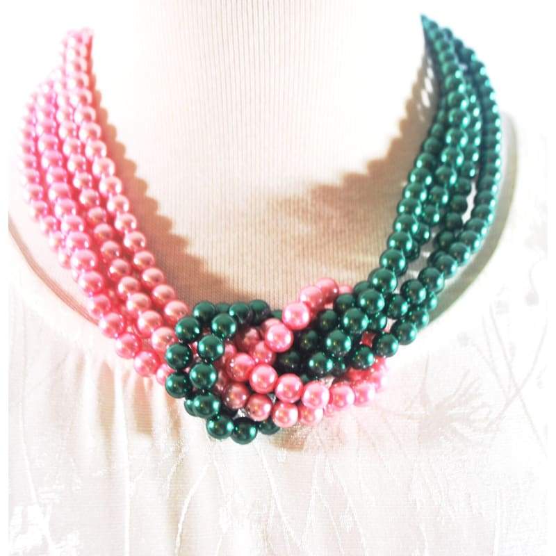 Pink and Green Twist Beaded Pearls Necklace - FashionByTeresa