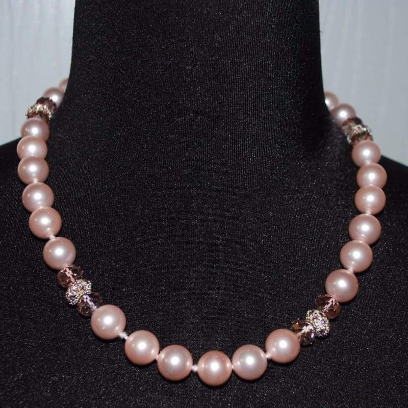 Pink Shell Pearls with Rhinestones Necklace - FashionByTeresa