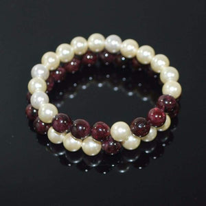 Red Garnett and Cream Shell Pearls Double Strands Bracelets - FashionByTeresa