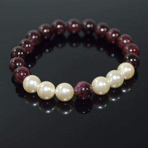 Red Garnett and Cream Shell Pearls Double Strands Bracelets - FashionByTeresa