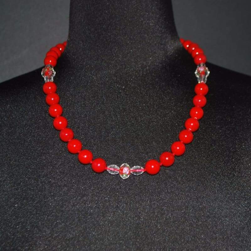 Red Shell Pearls Bead Crystal Ascent Necklace. - FashionByTeresa